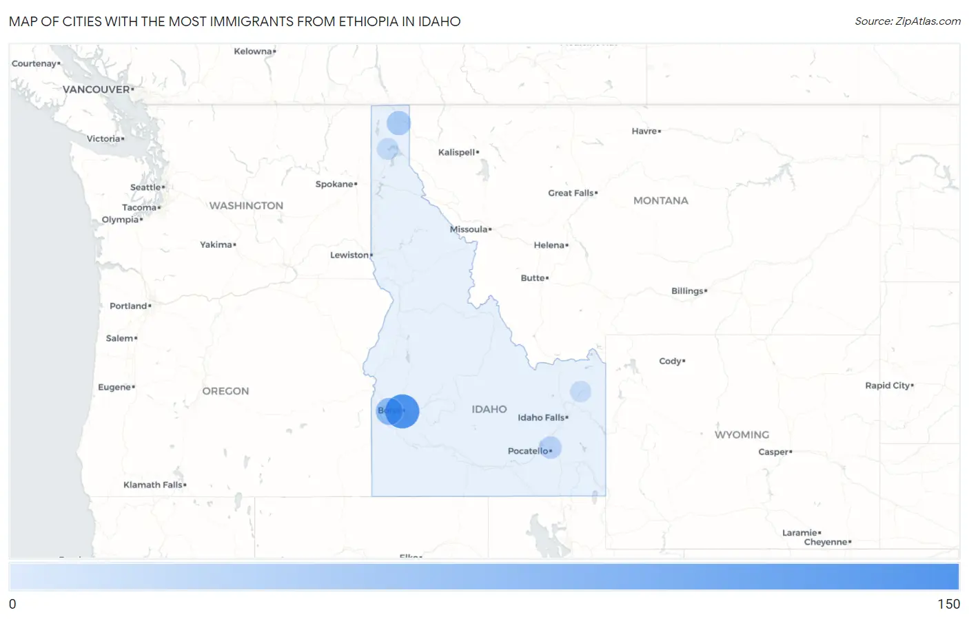 Cities with the Most Immigrants from Ethiopia in Idaho Map