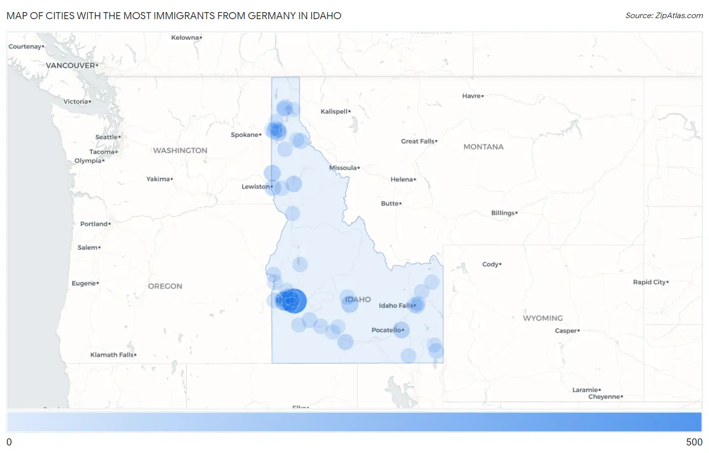 Cities with the Most Immigrants from Germany in Idaho Map