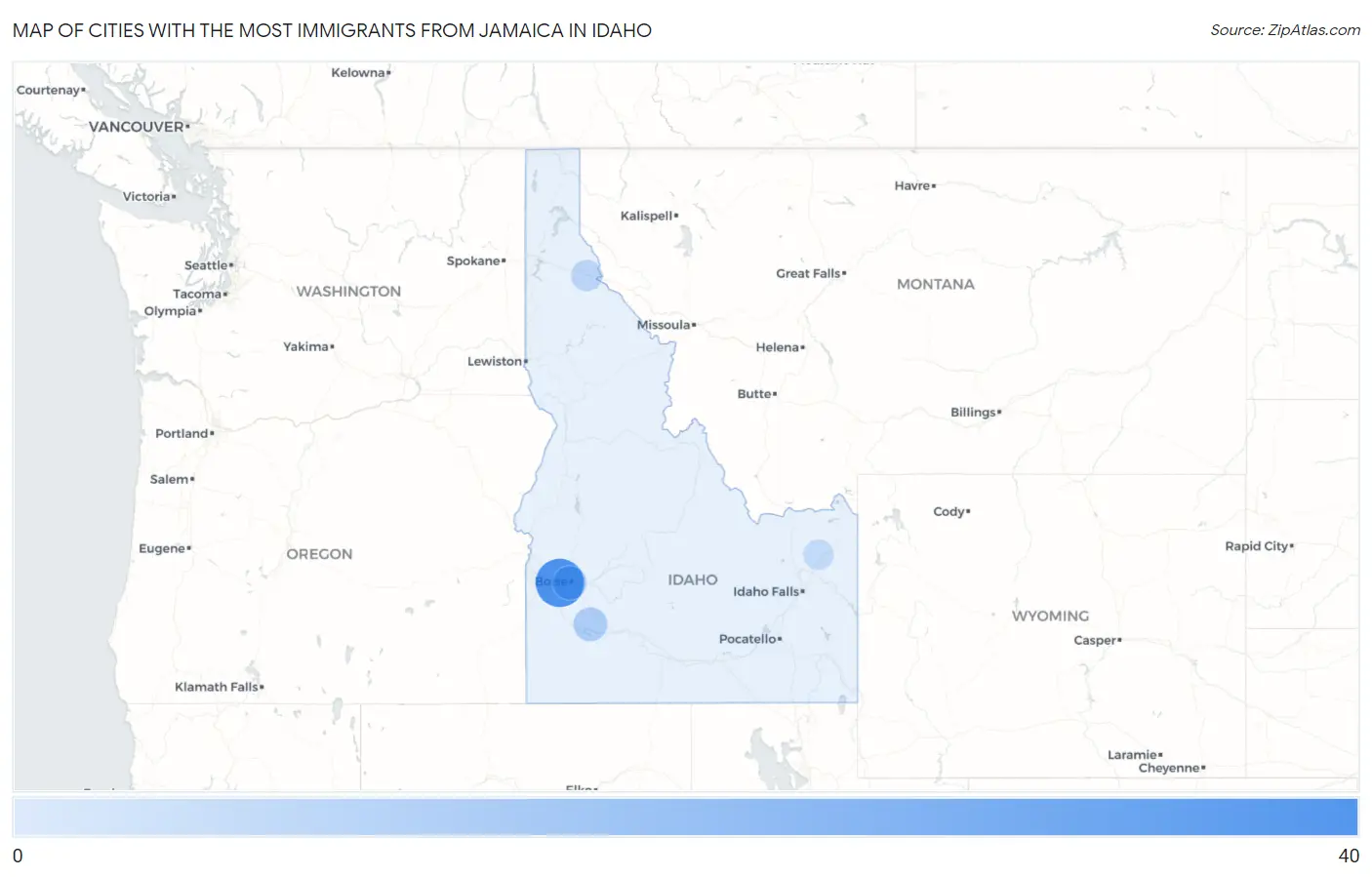 Cities with the Most Immigrants from Jamaica in Idaho Map