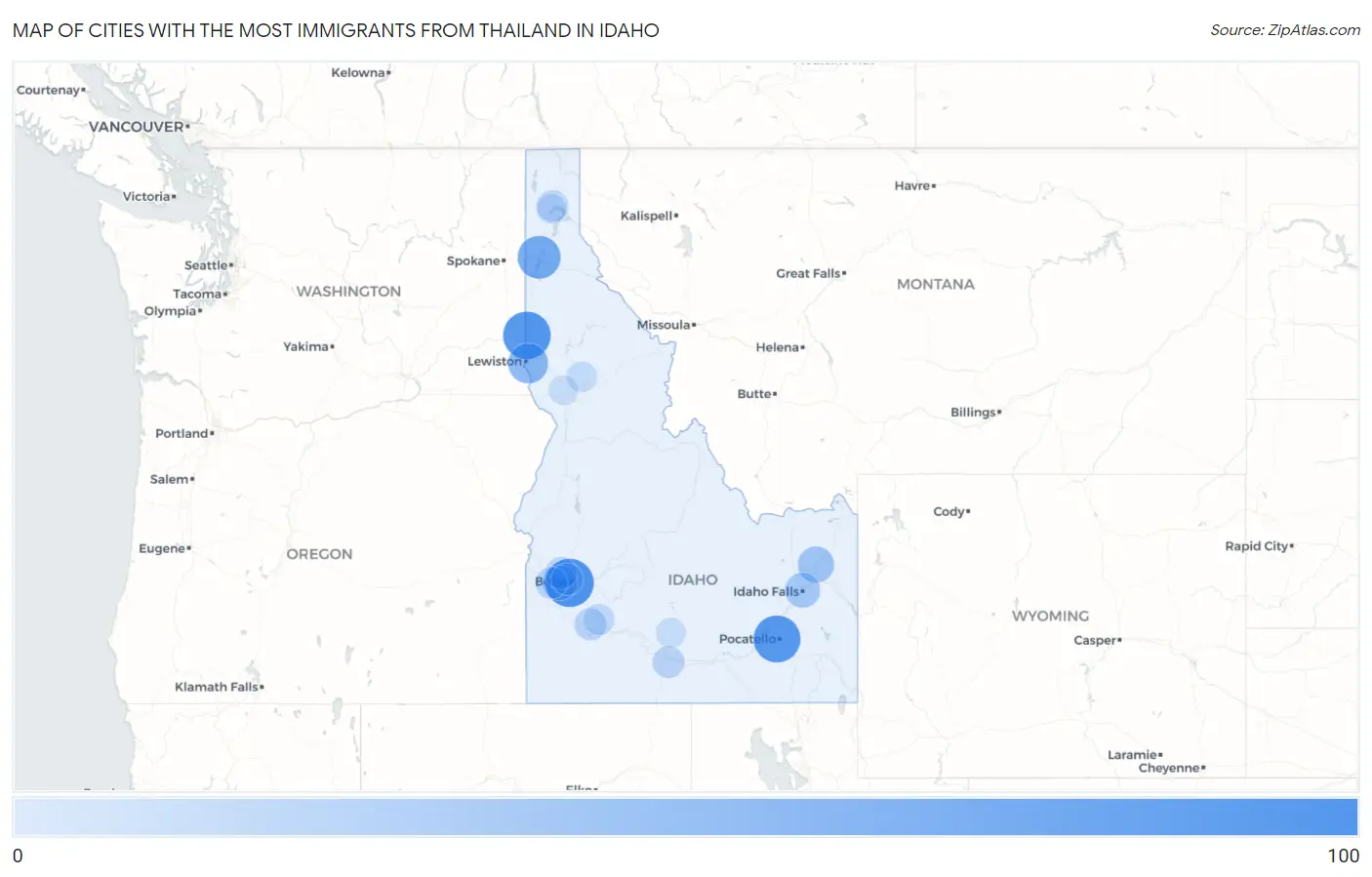 Cities with the Most Immigrants from Thailand in Idaho Map