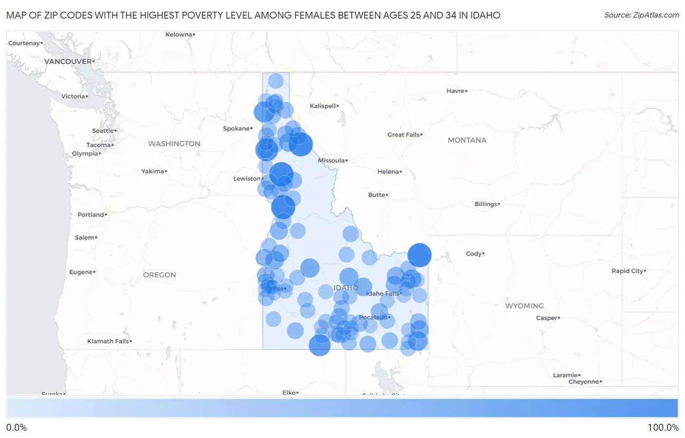 Zip Codes with the Highest Poverty Level Among Females Between Ages 25 and 34 in Idaho Map