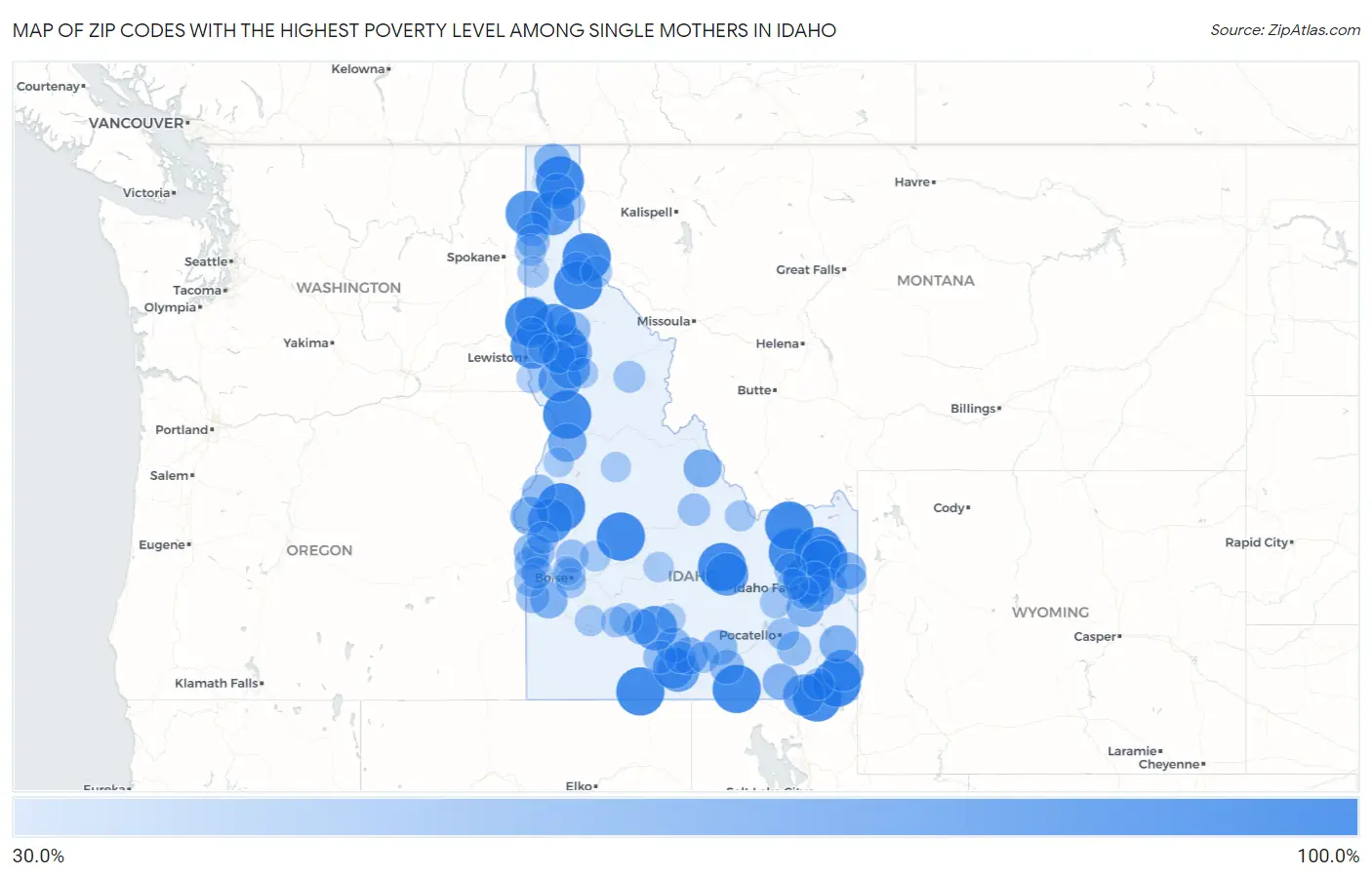 Zip Codes with the Highest Poverty Level Among Single Mothers in Idaho Map