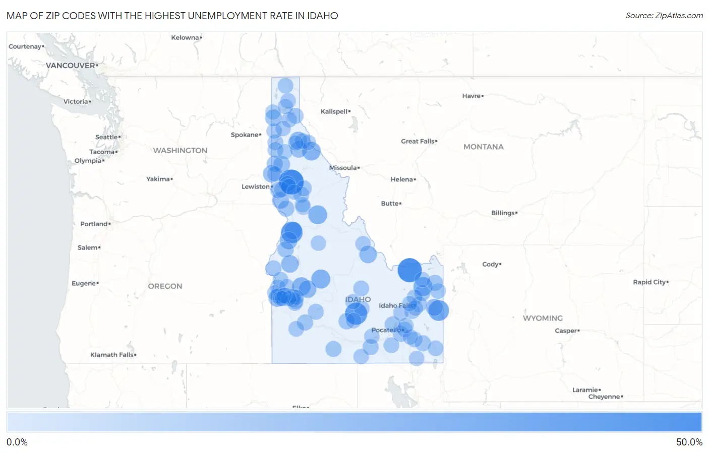 Zip Codes with the Highest Unemployment Rate in Idaho Map