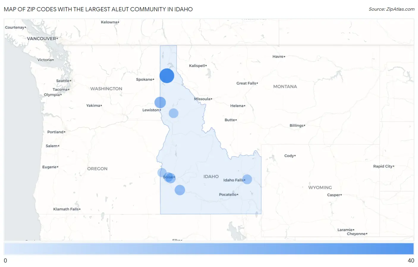 Zip Codes with the Largest Aleut Community in Idaho Map