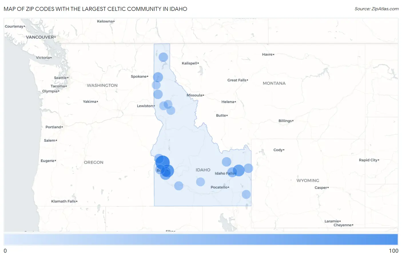 Zip Codes with the Largest Celtic Community in Idaho Map