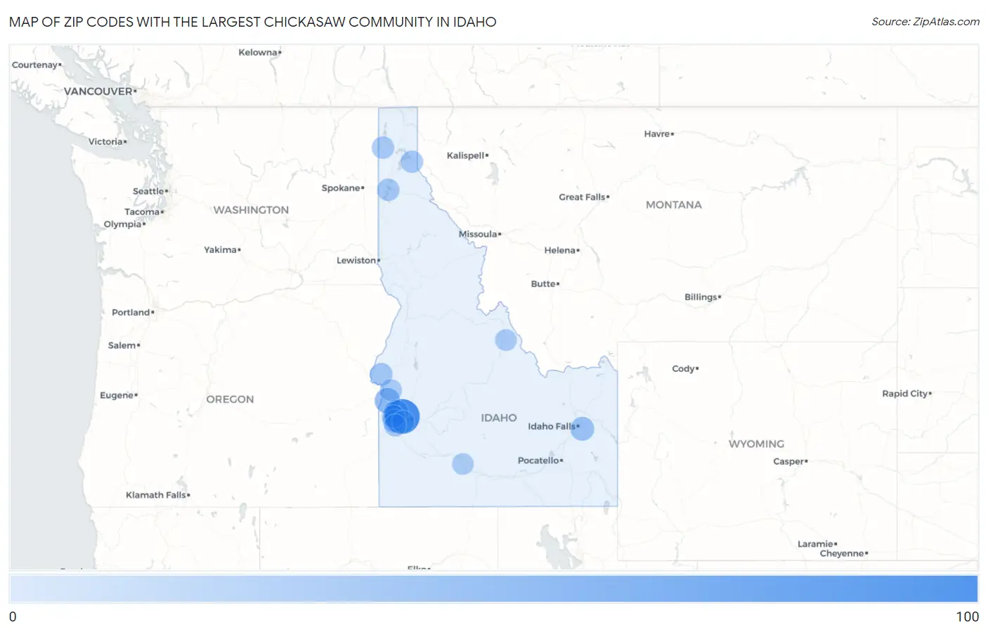 Zip Codes with the Largest Chickasaw Community in Idaho Map