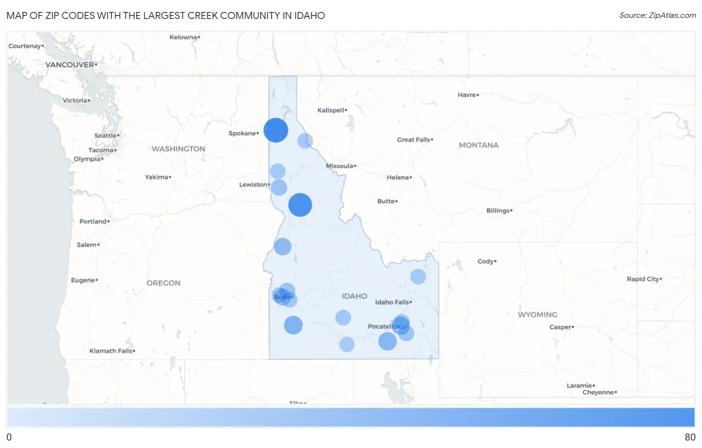 Zip Codes with the Largest Creek Community in Idaho Map