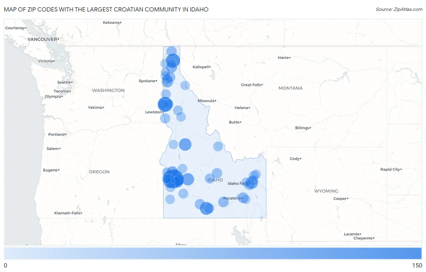 Zip Codes with the Largest Croatian Community in Idaho Map