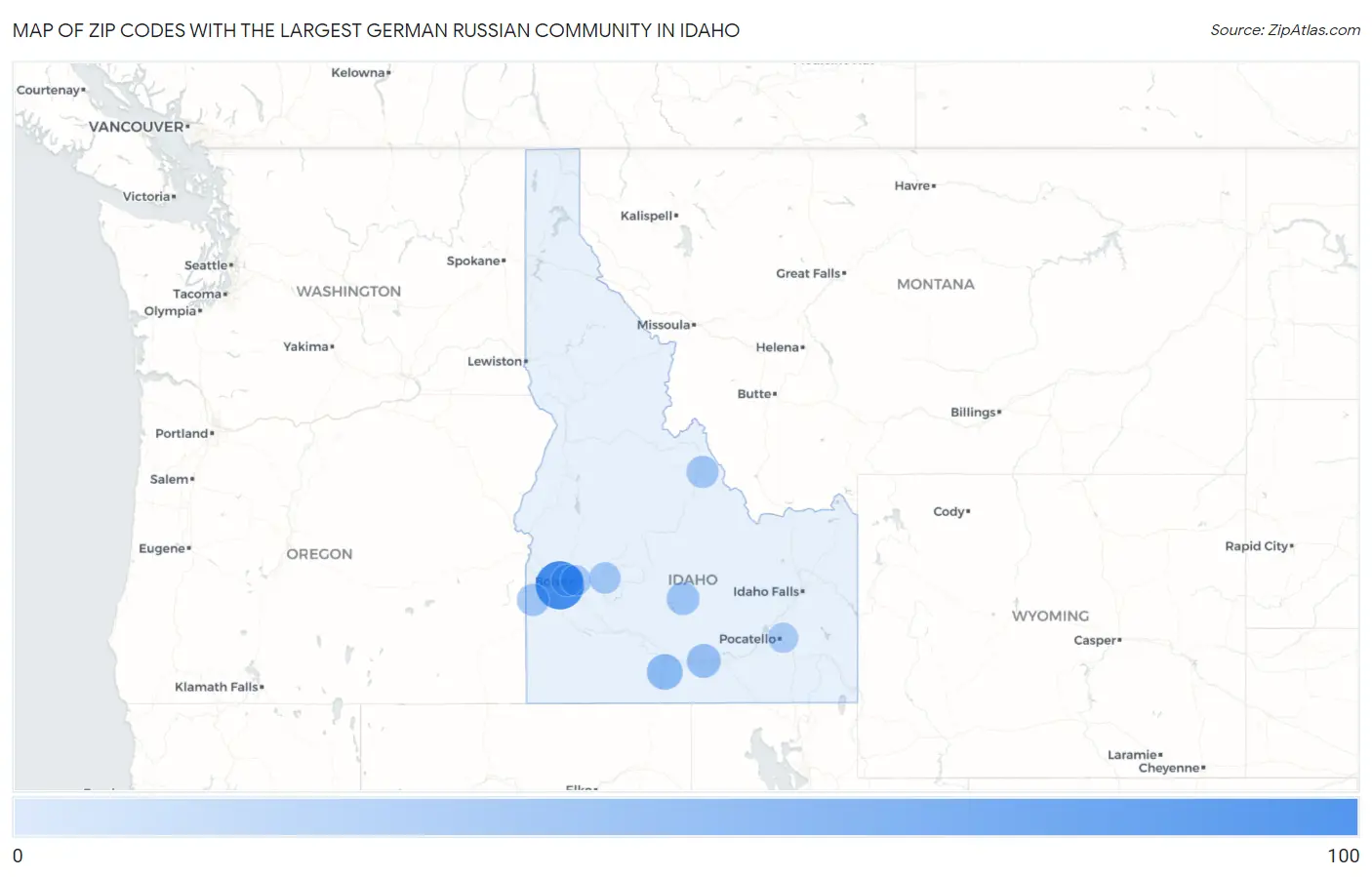 Zip Codes with the Largest German Russian Community in Idaho Map