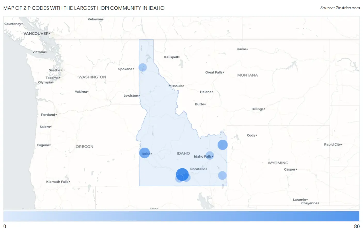 Zip Codes with the Largest Hopi Community in Idaho Map