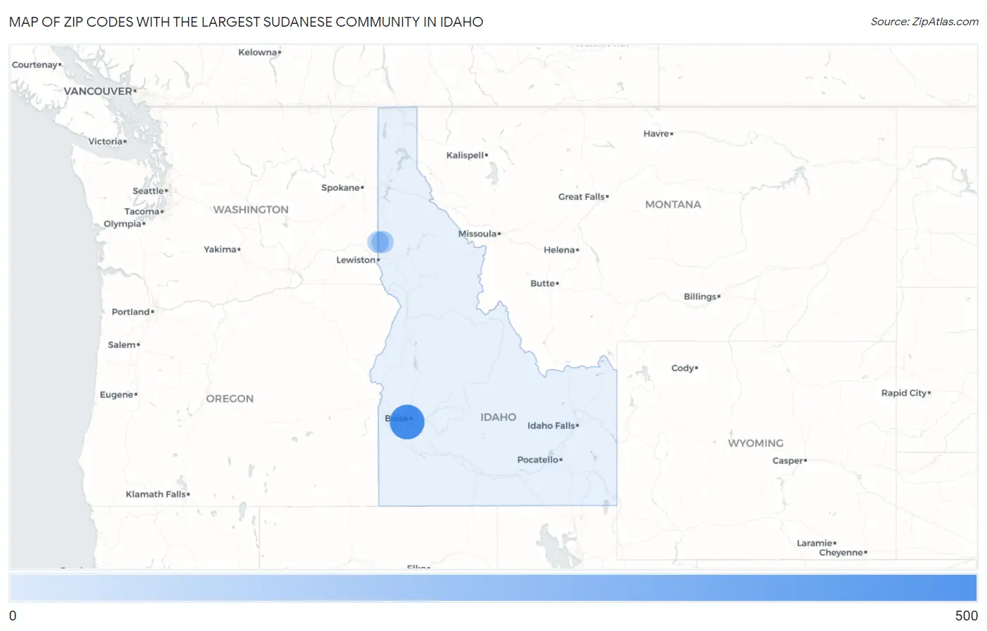 Zip Codes with the Largest Sudanese Community in Idaho Map