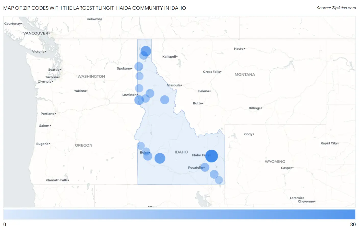 Zip Codes with the Largest Tlingit-Haida Community in Idaho Map