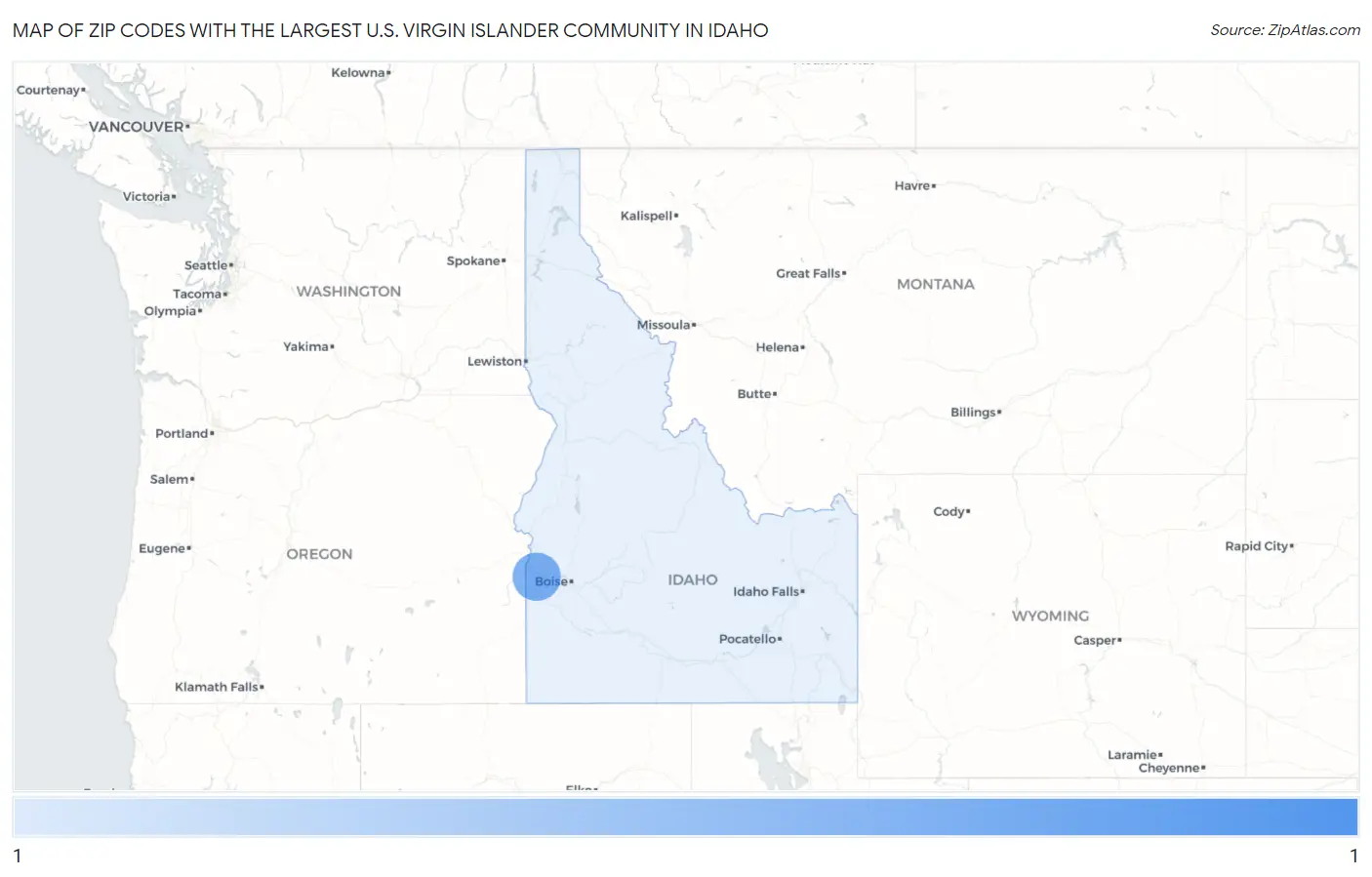 Zip Codes with the Largest U.S. Virgin Islander Community in Idaho Map