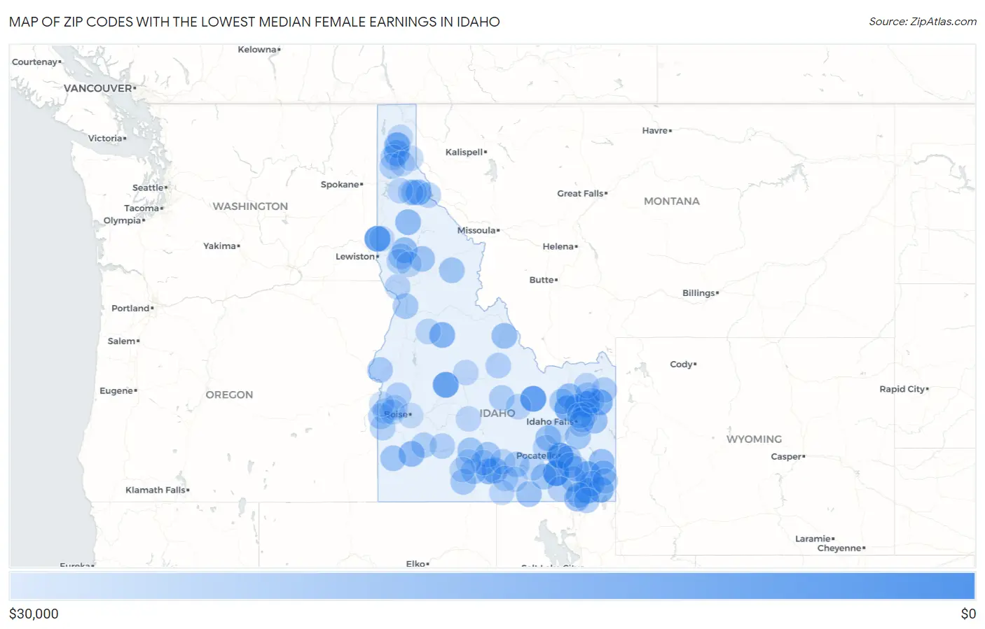 Zip Codes with the Lowest Median Female Earnings in Idaho Map