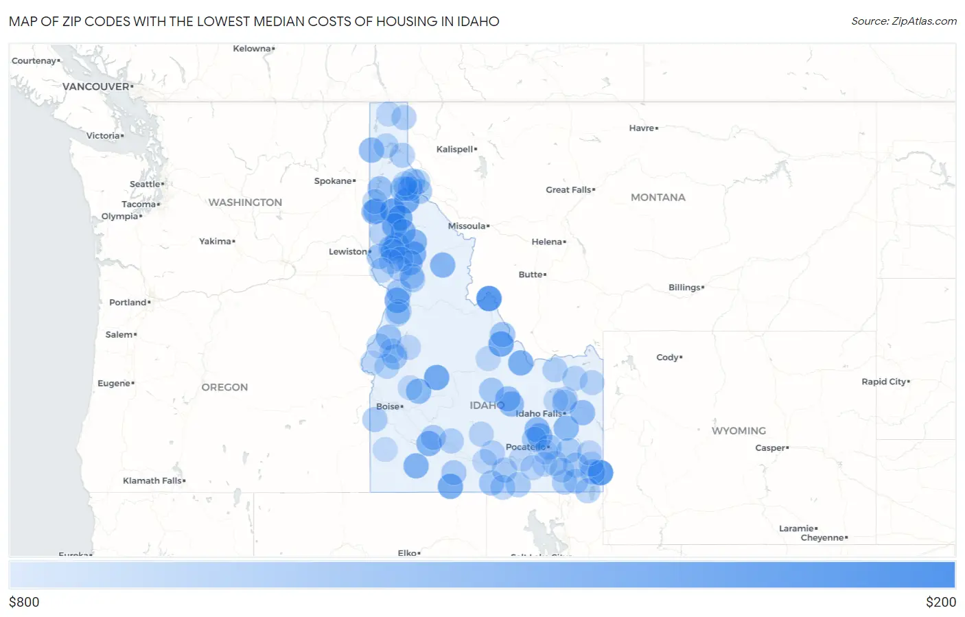 Zip Codes with the Lowest Median Costs of Housing in Idaho Map