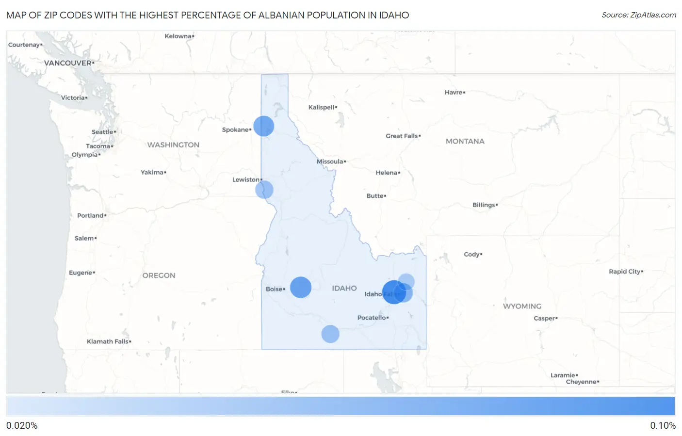 Zip Codes with the Highest Percentage of Albanian Population in Idaho Map