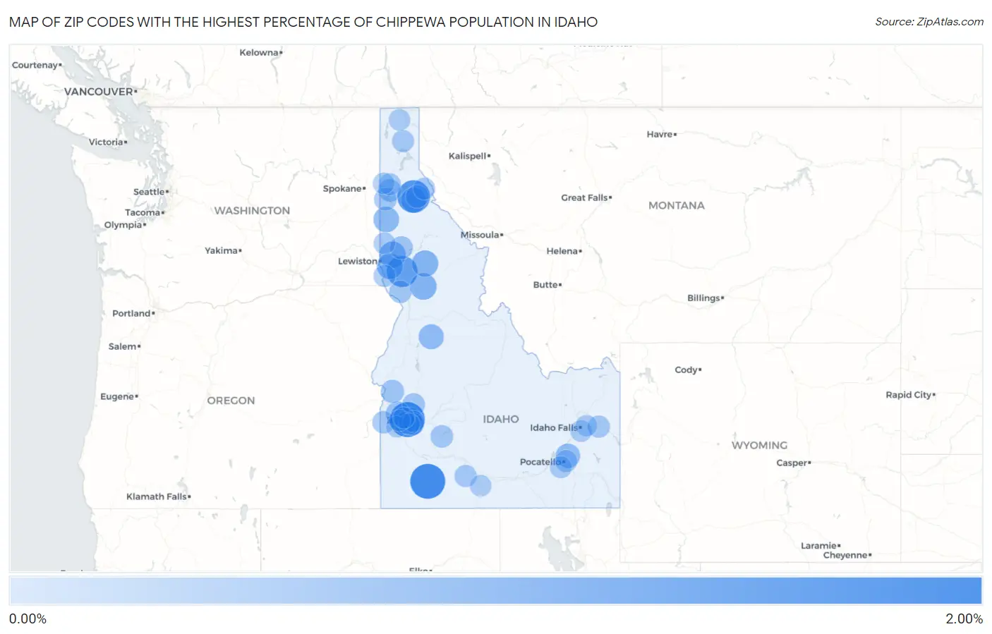 Zip Codes with the Highest Percentage of Chippewa Population in Idaho Map