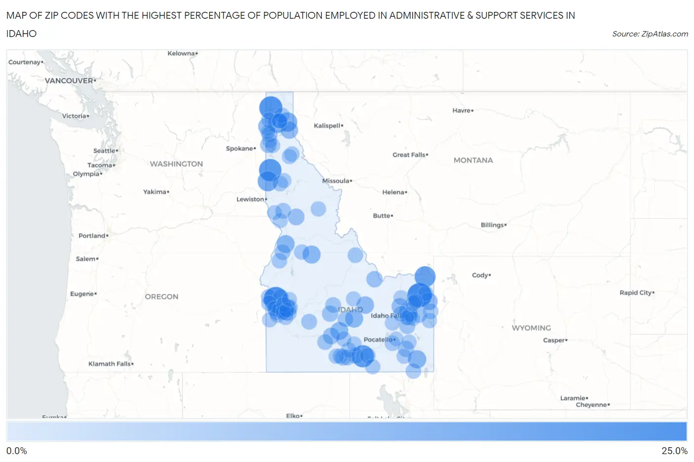 Zip Codes with the Highest Percentage of Population Employed in Administrative & Support Services in Idaho Map