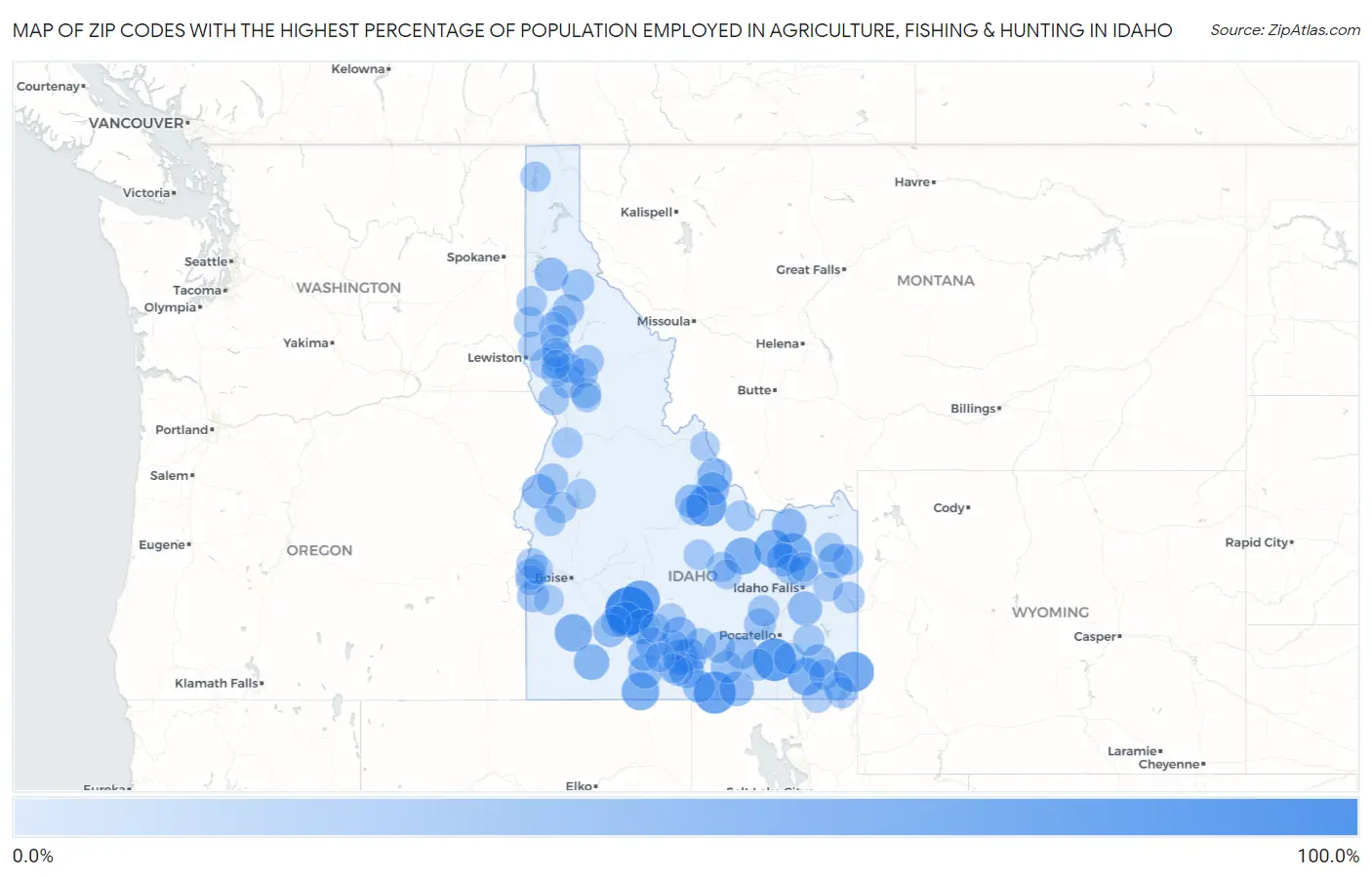 Zip Codes with the Highest Percentage of Population Employed in Agriculture, Fishing & Hunting in Idaho Map