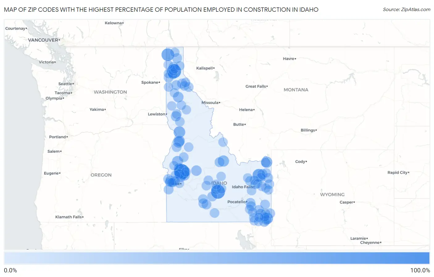 Zip Codes with the Highest Percentage of Population Employed in Construction in Idaho Map