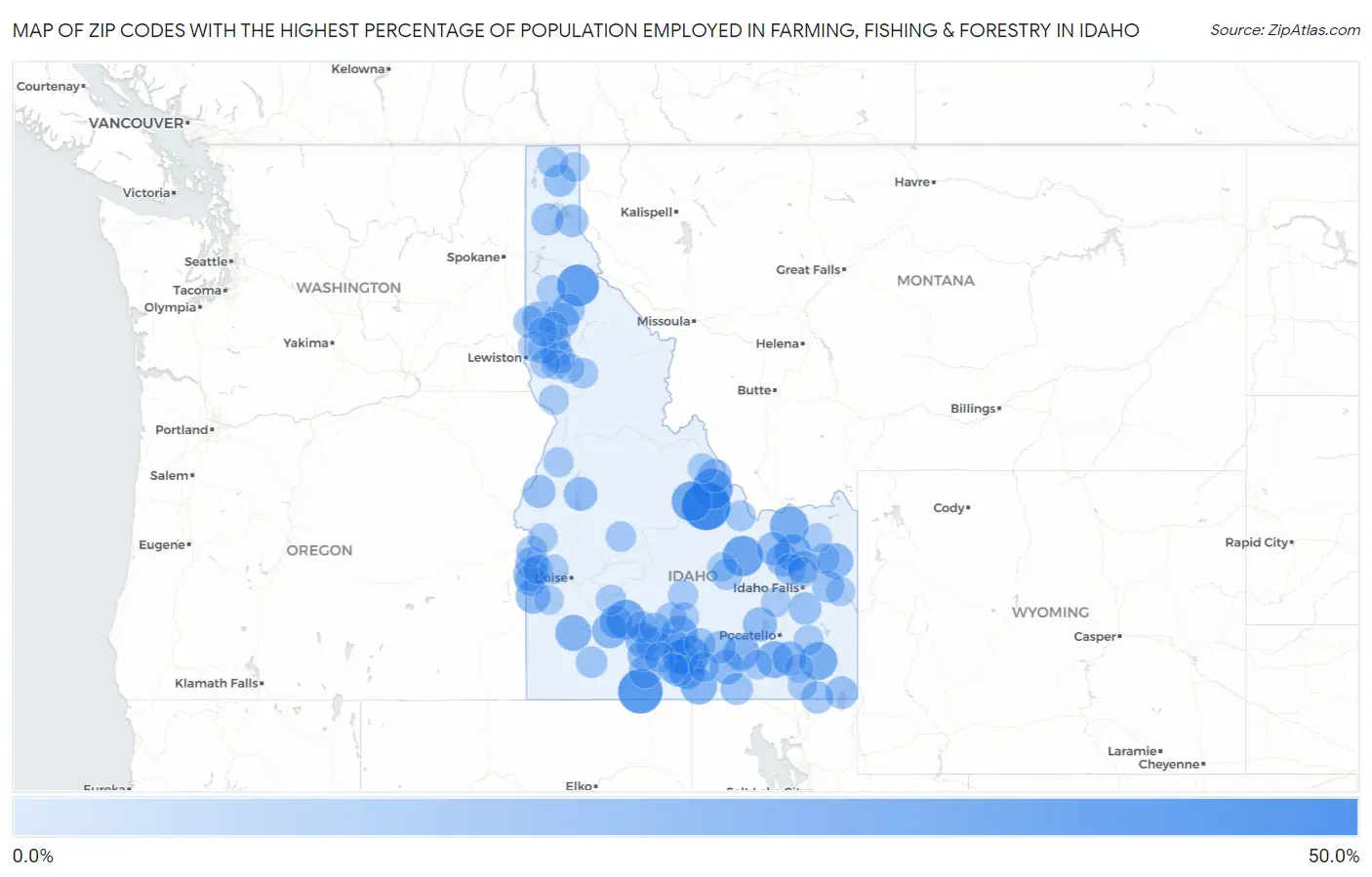 Zip Codes with the Highest Percentage of Population Employed in Farming, Fishing & Forestry in Idaho Map