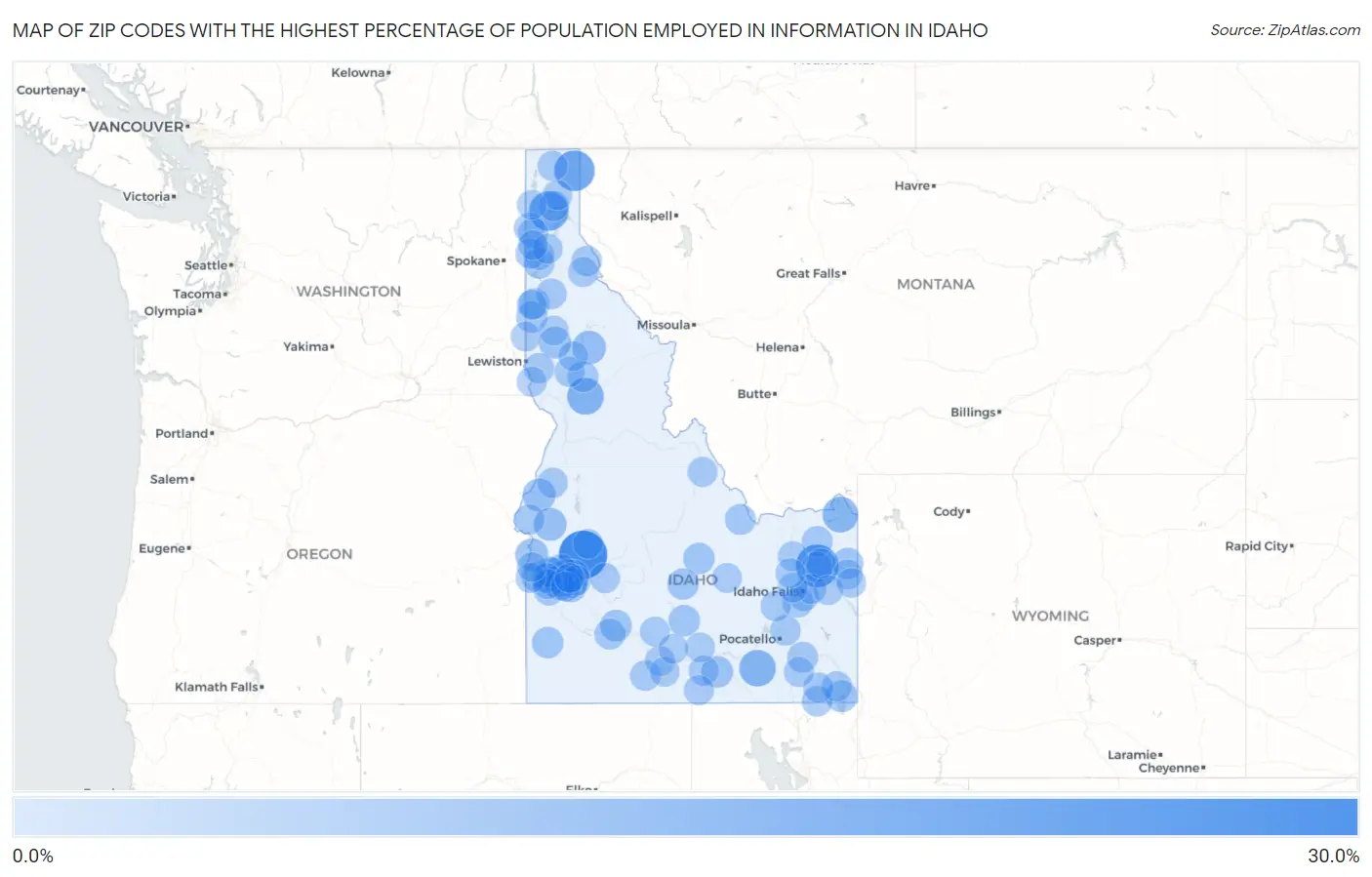 Zip Codes with the Highest Percentage of Population Employed in Information in Idaho Map