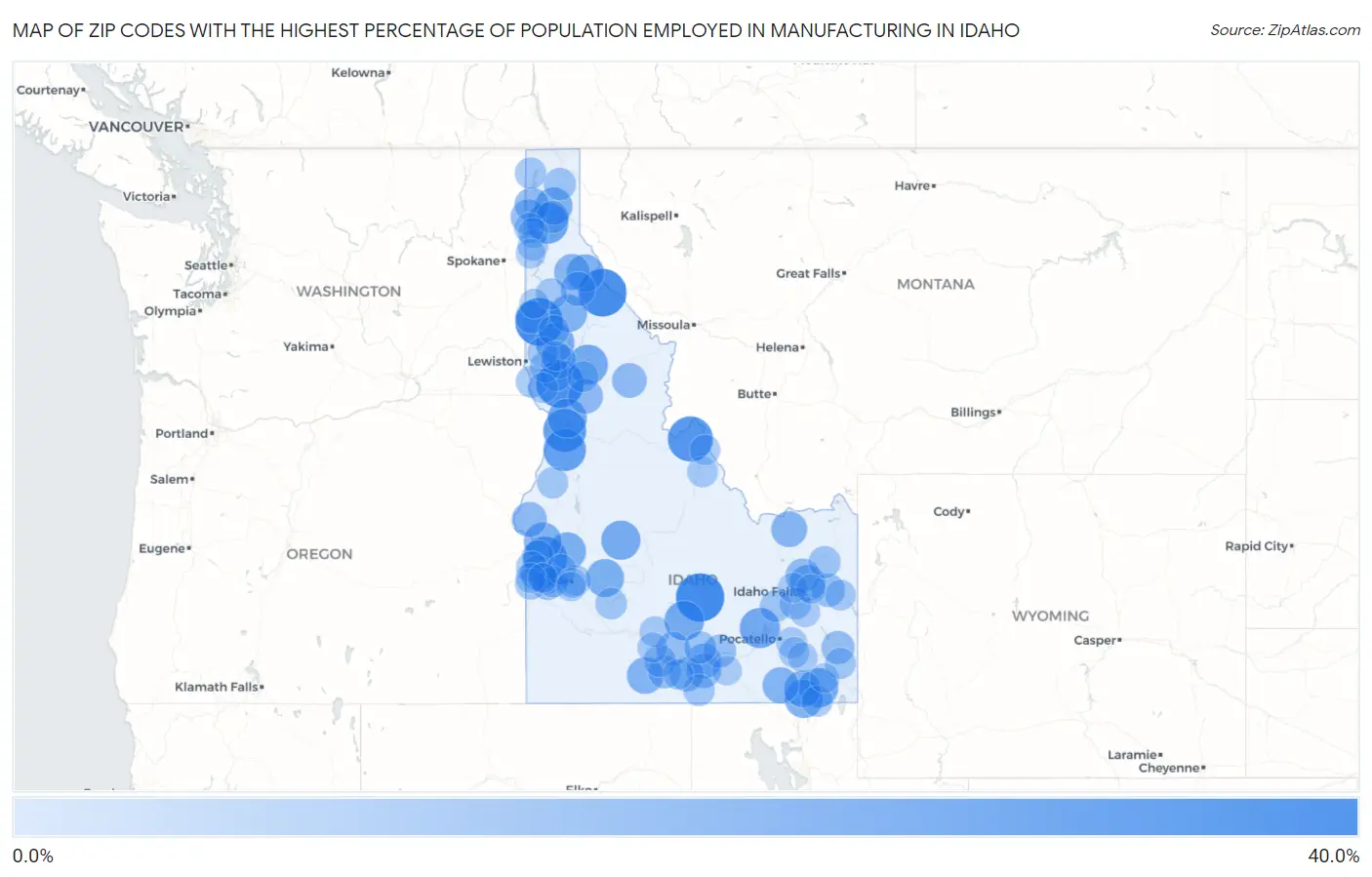 Zip Codes with the Highest Percentage of Population Employed in Manufacturing in Idaho Map