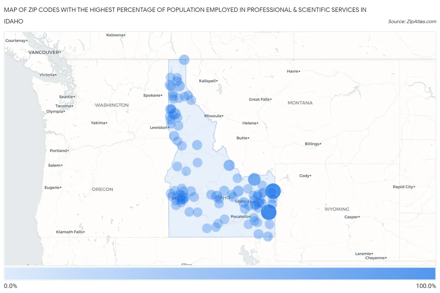 Zip Codes with the Highest Percentage of Population Employed in Professional & Scientific Services in Idaho Map