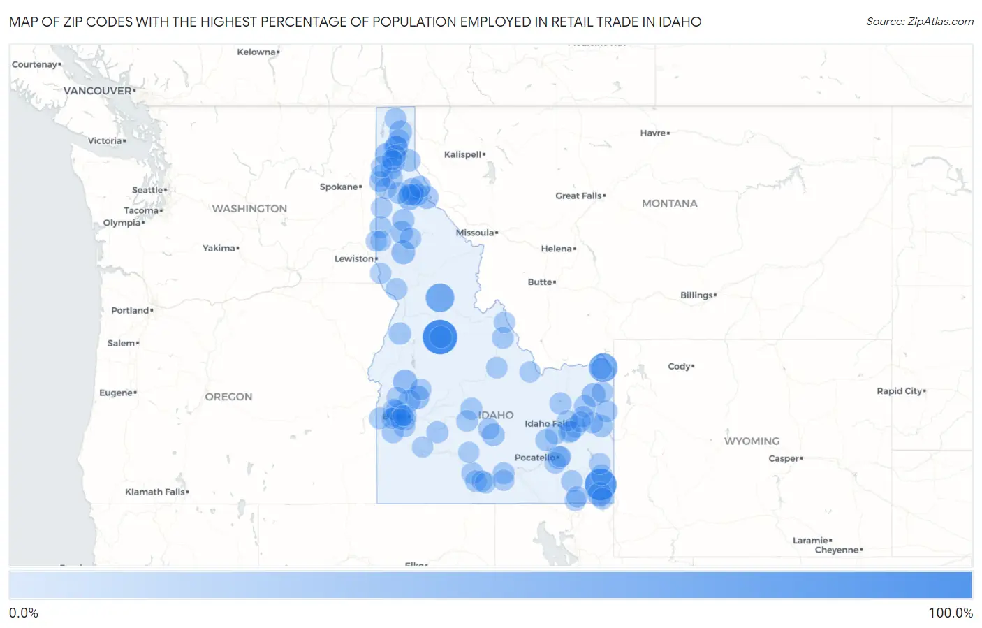Zip Codes with the Highest Percentage of Population Employed in Retail Trade in Idaho Map