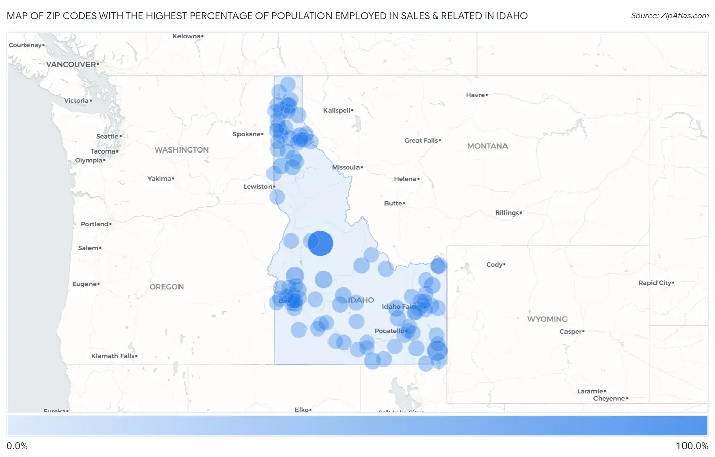 Zip Codes with the Highest Percentage of Population Employed in Sales & Related in Idaho Map