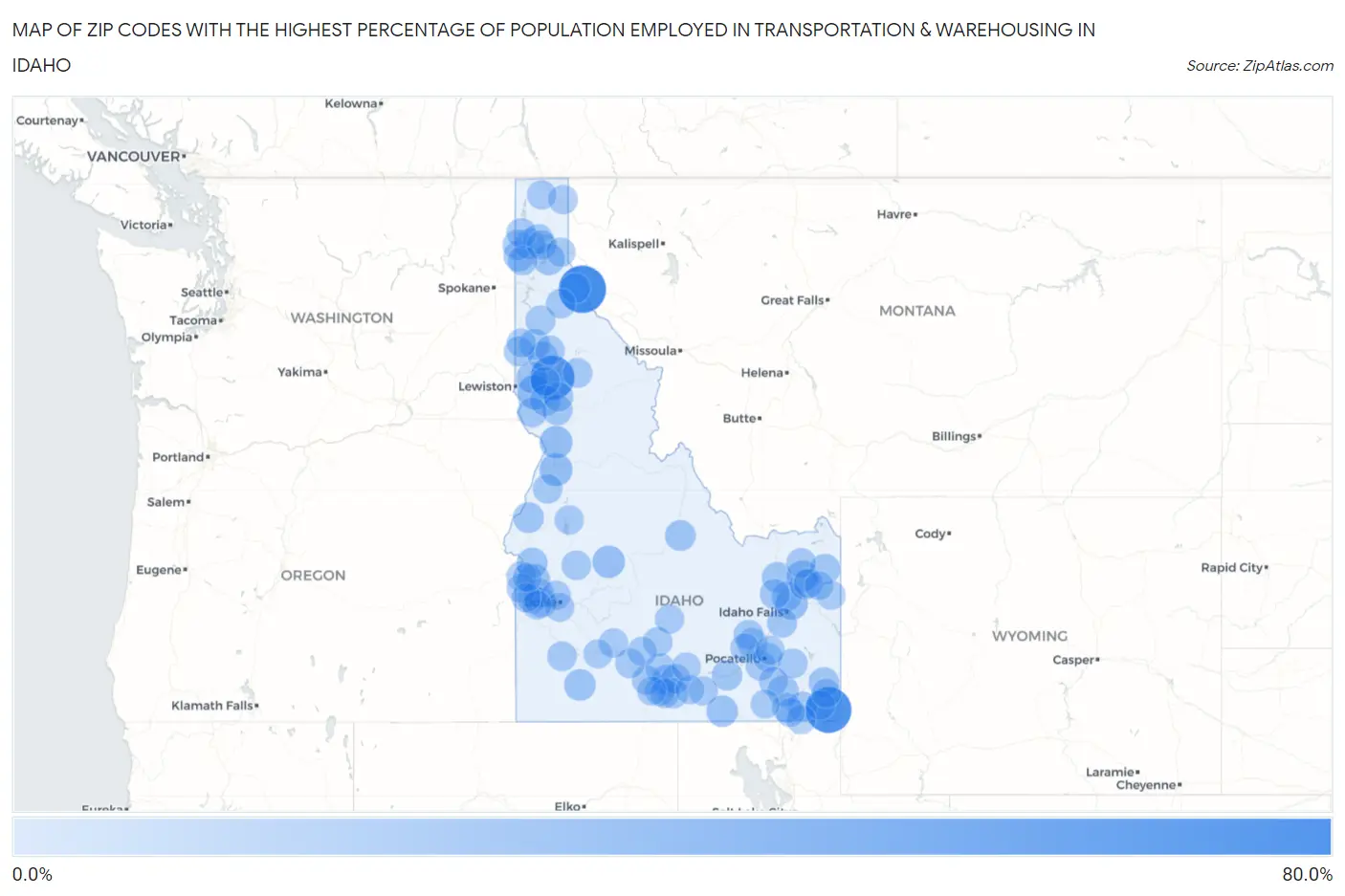 Zip Codes with the Highest Percentage of Population Employed in Transportation & Warehousing in Idaho Map