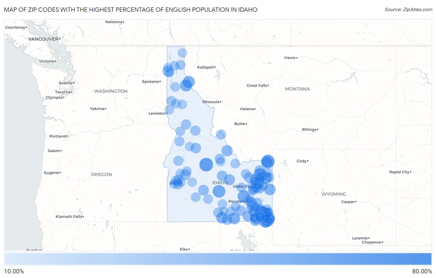 Zip Codes with the Highest Percentage of English Population in Idaho Map