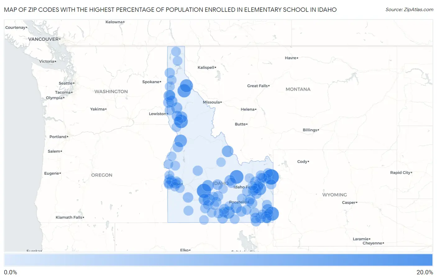 Zip Codes with the Highest Percentage of Population Enrolled in Elementary School in Idaho Map