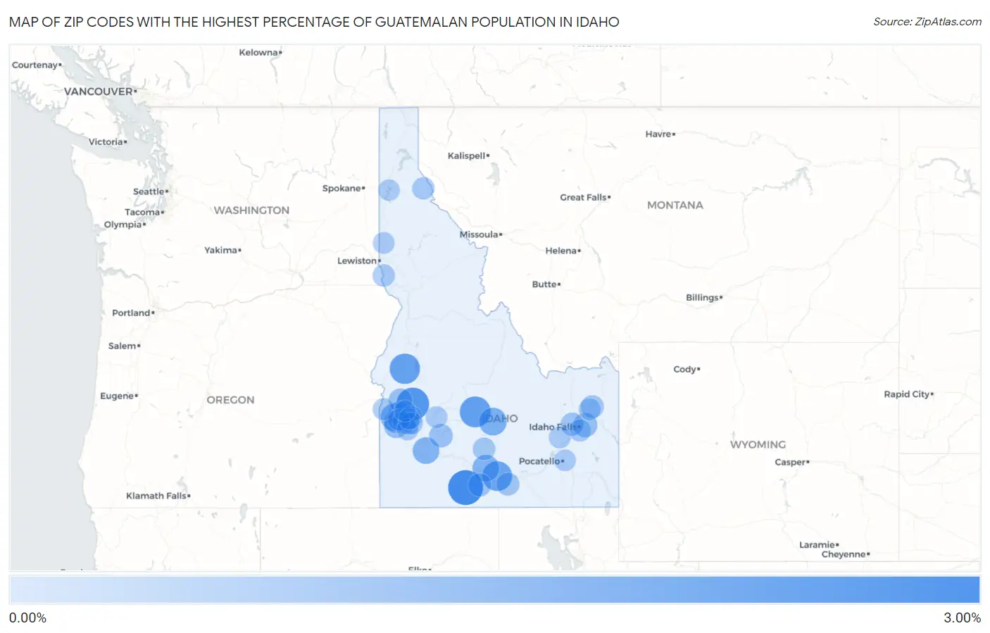 Zip Codes with the Highest Percentage of Guatemalan Population in Idaho Map