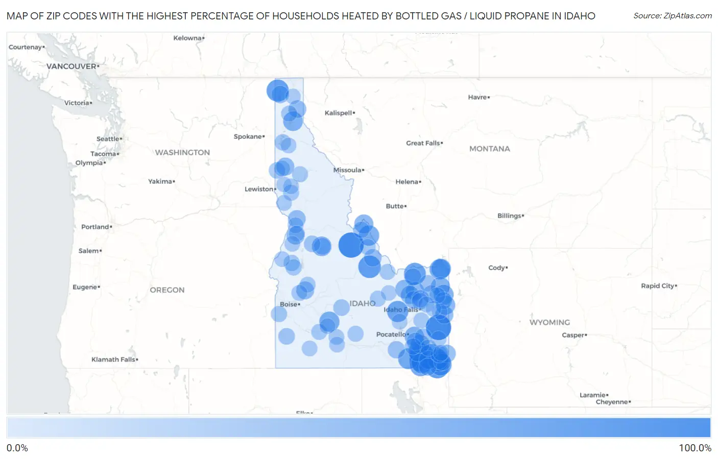 Zip Codes with the Highest Percentage of Households Heated by Bottled Gas / Liquid Propane in Idaho Map