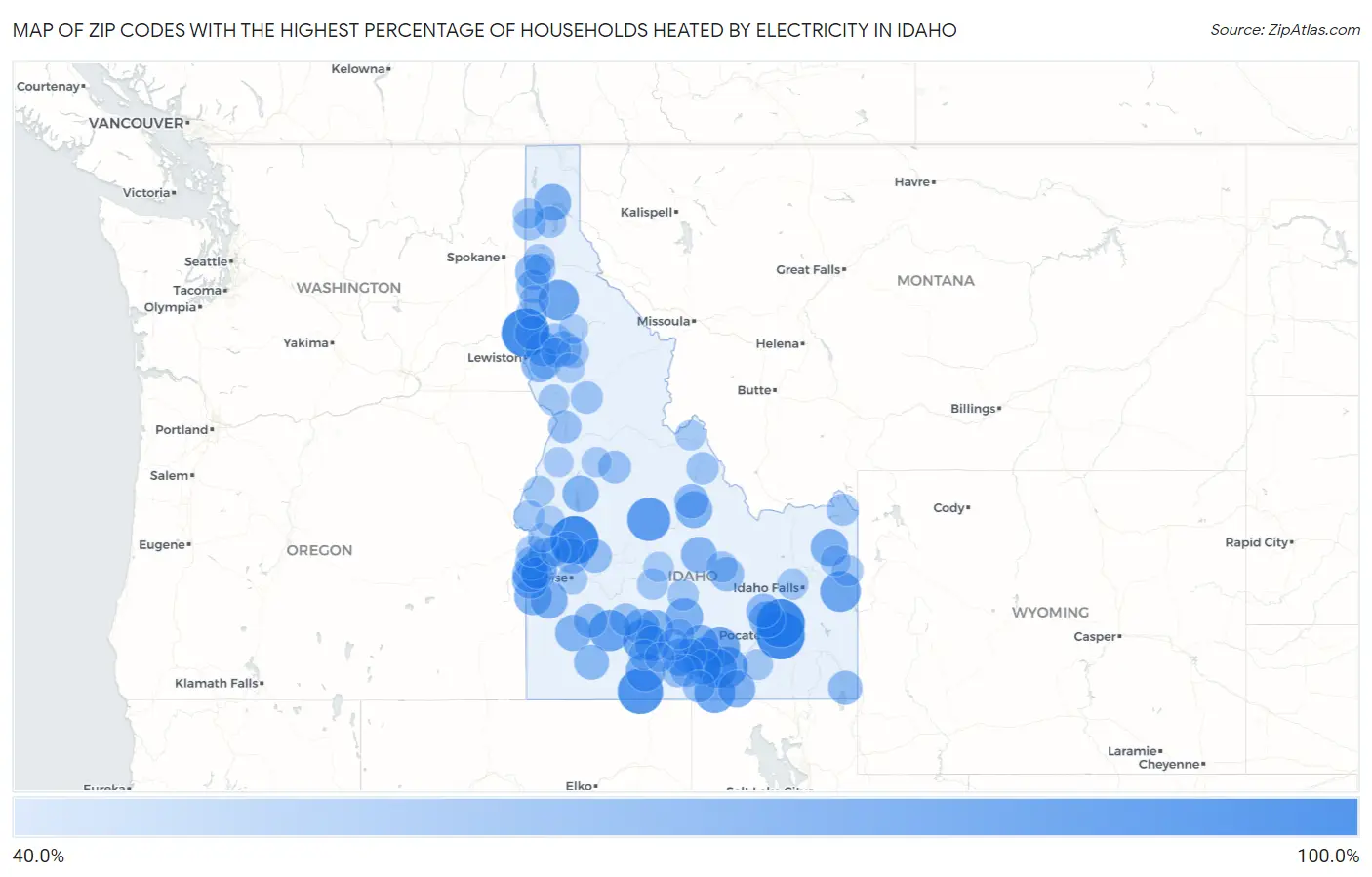 Zip Codes with the Highest Percentage of Households Heated by Electricity in Idaho Map