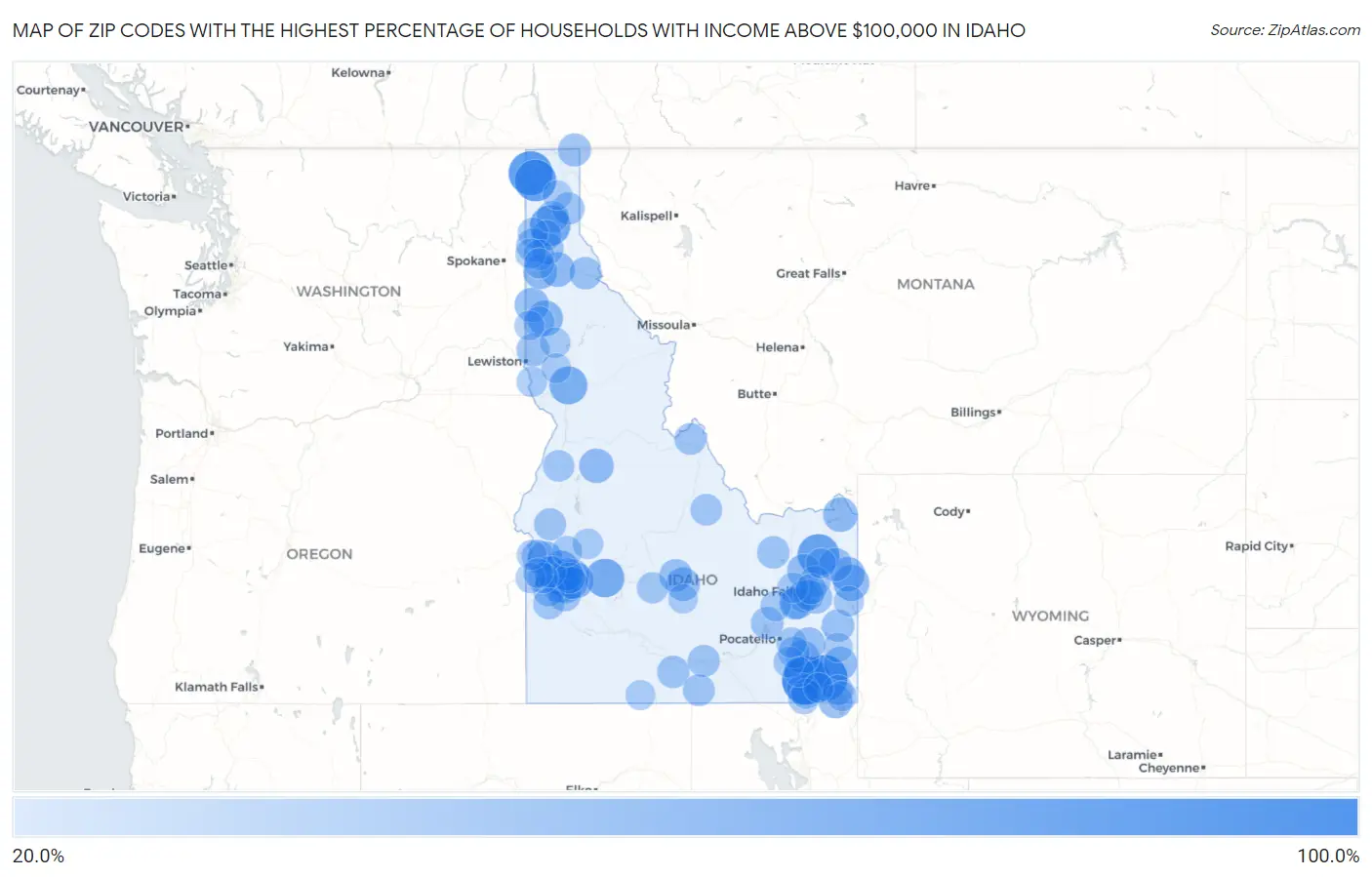 Zip Codes with the Highest Percentage of Households with Income Above $100,000 in Idaho Map