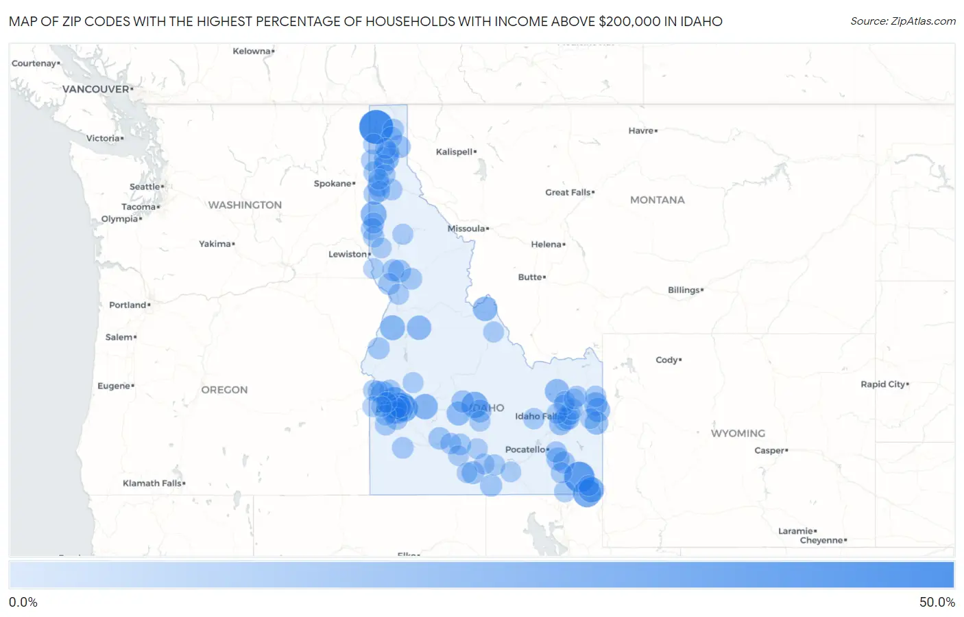 Zip Codes with the Highest Percentage of Households with Income Above $200,000 in Idaho Map