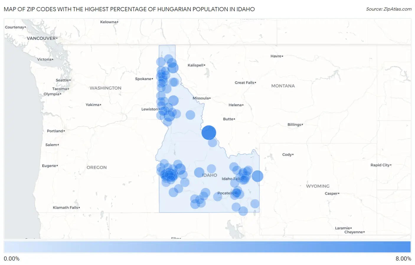 Zip Codes with the Highest Percentage of Hungarian Population in Idaho Map