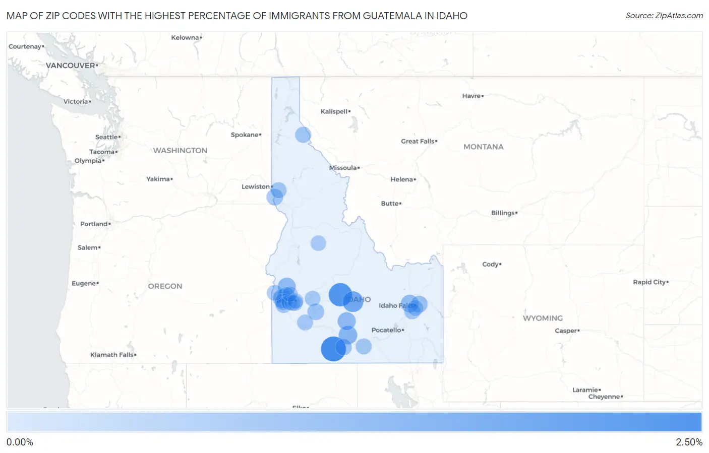 Zip Codes with the Highest Percentage of Immigrants from Guatemala in Idaho Map