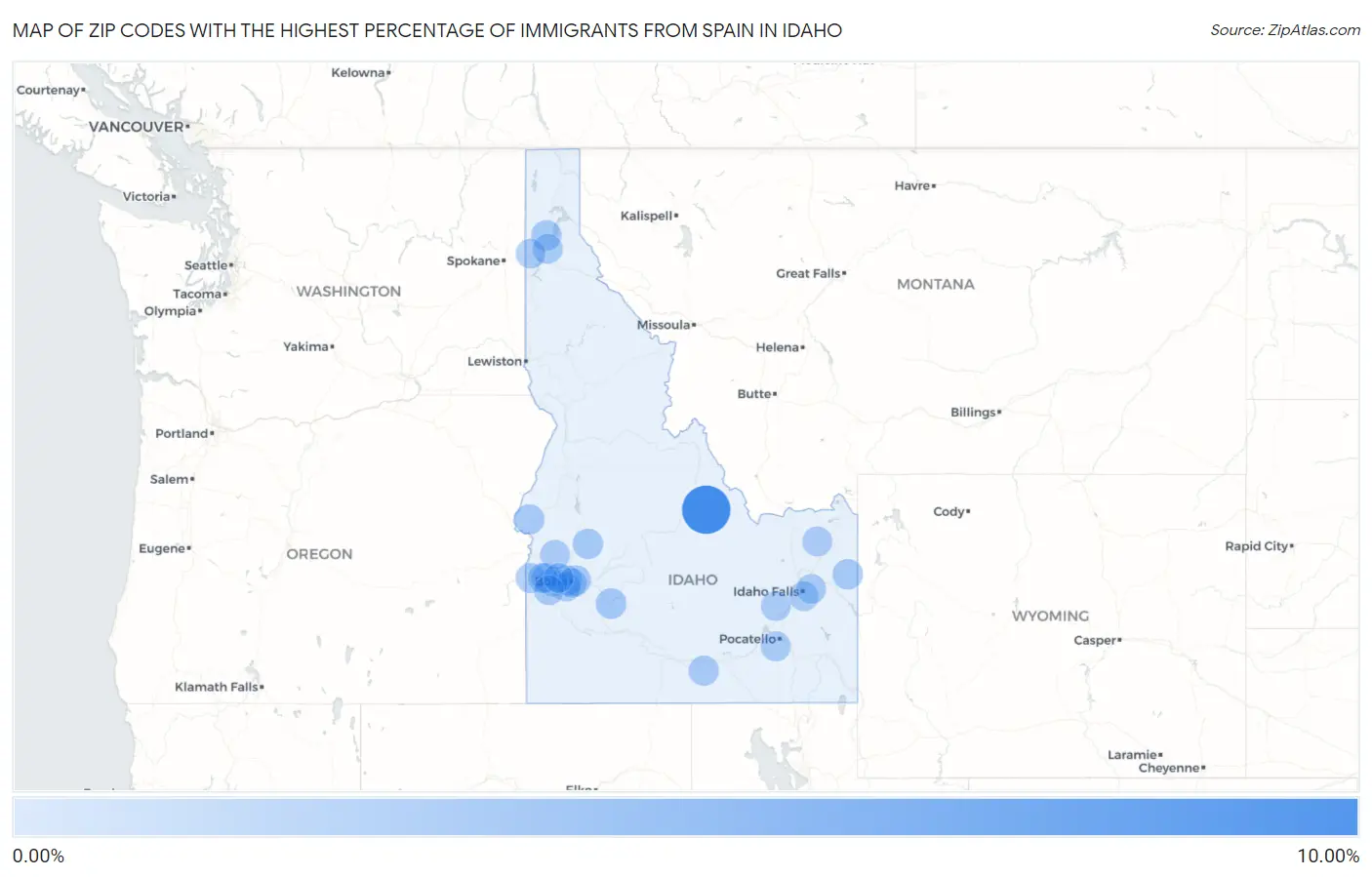 Zip Codes with the Highest Percentage of Immigrants from Spain in Idaho Map