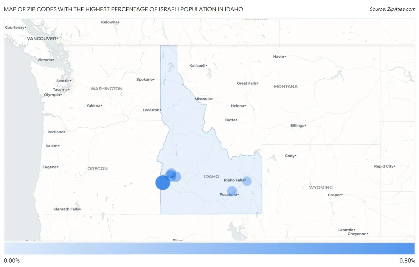 Zip Codes with the Highest Percentage of Israeli Population in Idaho Map