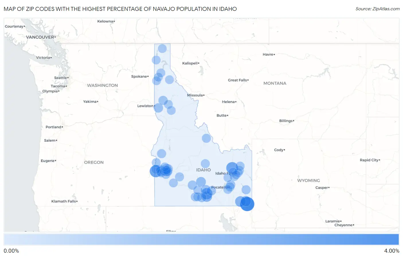 Zip Codes with the Highest Percentage of Navajo Population in Idaho Map