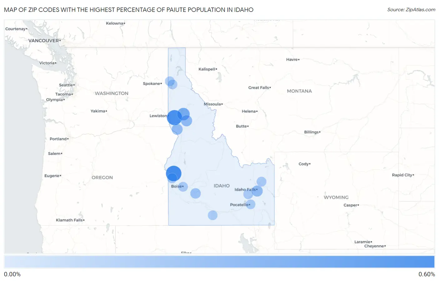 Zip Codes with the Highest Percentage of Paiute Population in Idaho Map