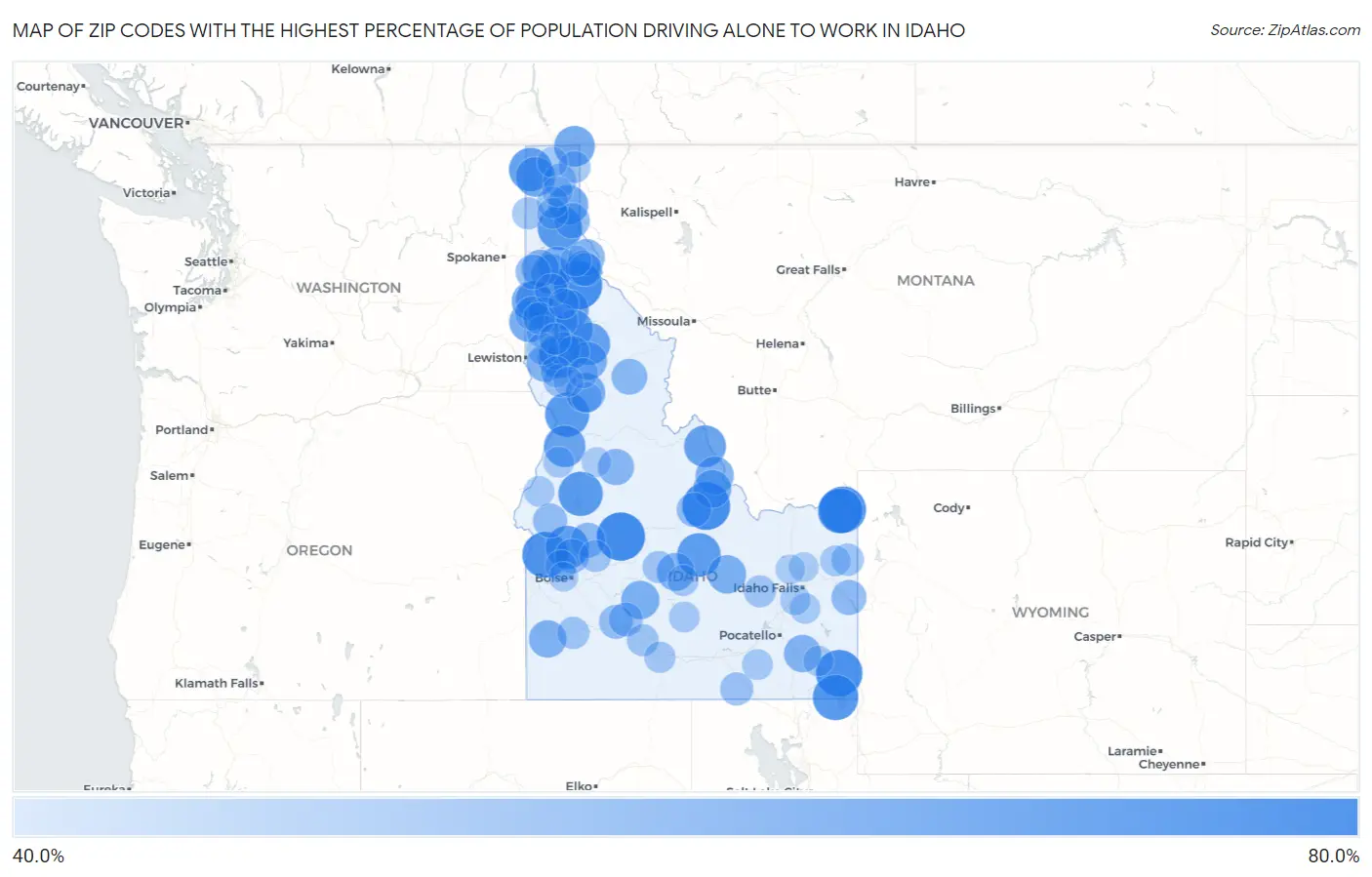 Zip Codes with the Highest Percentage of Population Driving Alone to Work in Idaho Map