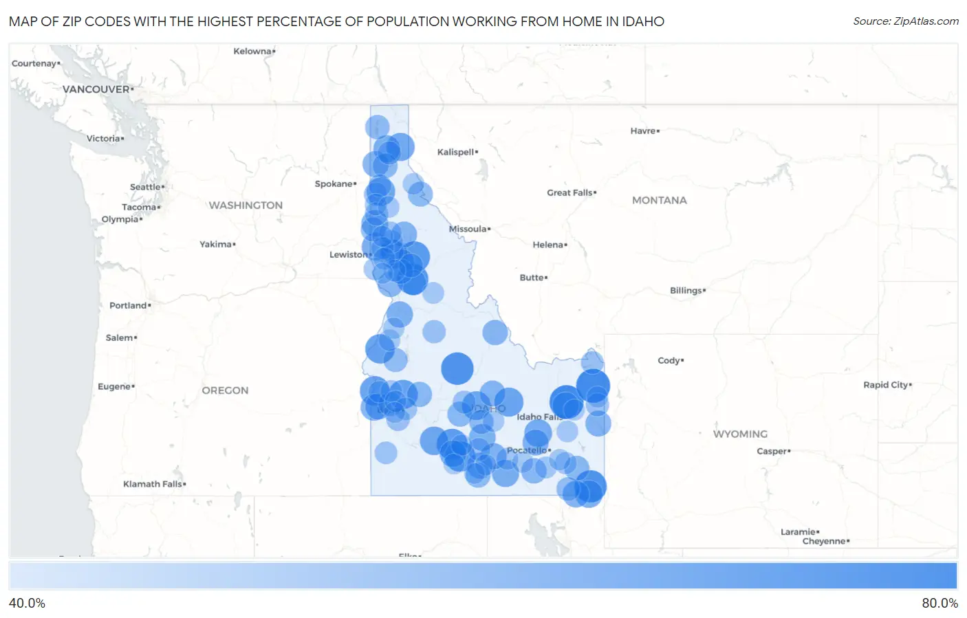 Zip Codes with the Highest Percentage of Population Working from Home in Idaho Map