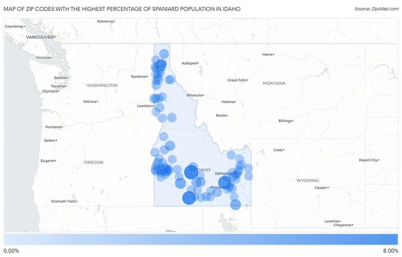 Zip Codes with the Highest Percentage of Spaniard Population in Idaho Map