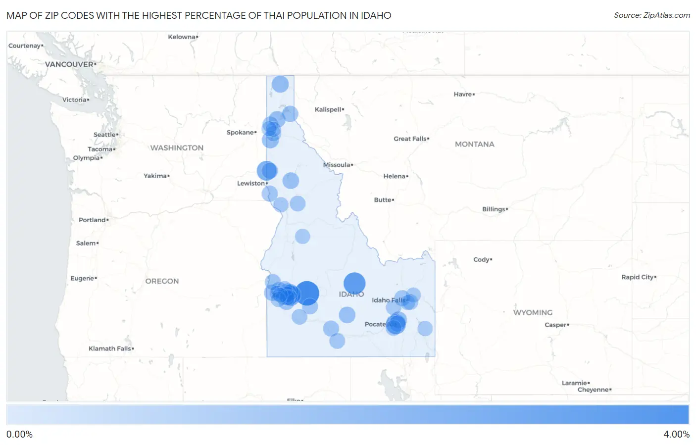 Zip Codes with the Highest Percentage of Thai Population in Idaho Map