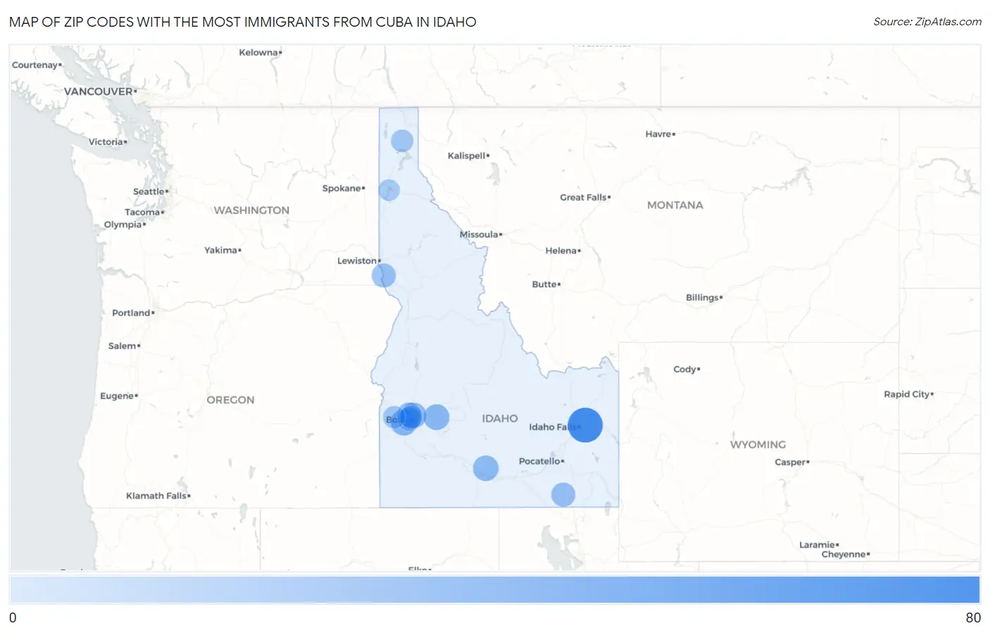 Zip Codes with the Most Immigrants from Cuba in Idaho Map