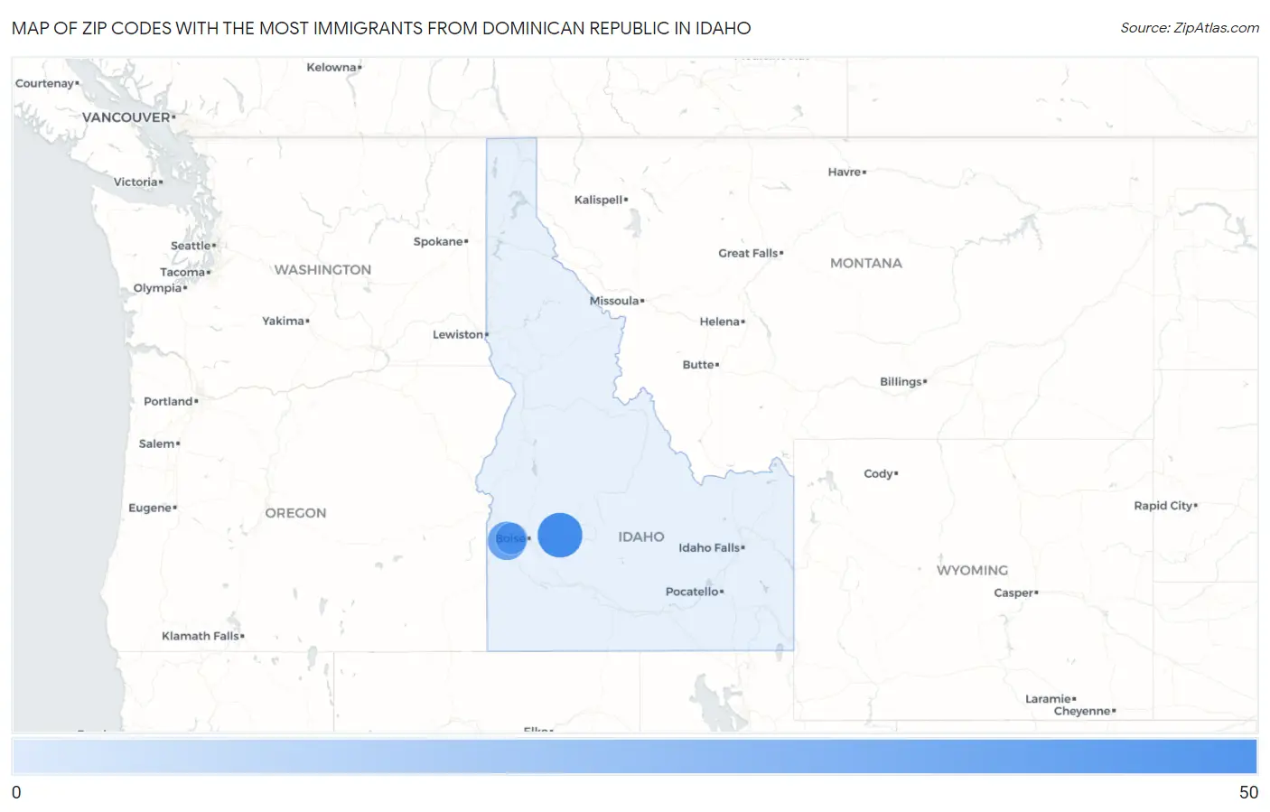 Zip Codes with the Most Immigrants from Dominican Republic in Idaho Map